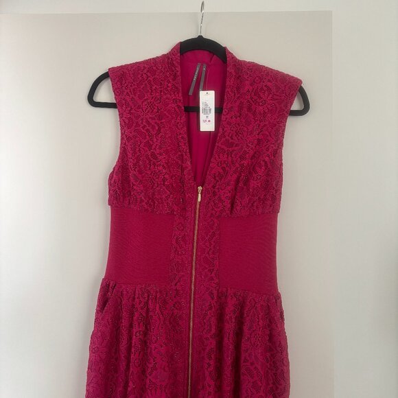 The Tommie Cap-Sleeve Front-Zip Shirt Dress: Lace Edition, Raspberry Pink, XS - Picture 4 of 7